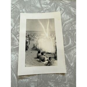 Vtg 1940s 1950s Beach Snapshot Crowded Shoreline B&W Photo Light Leak Artifact